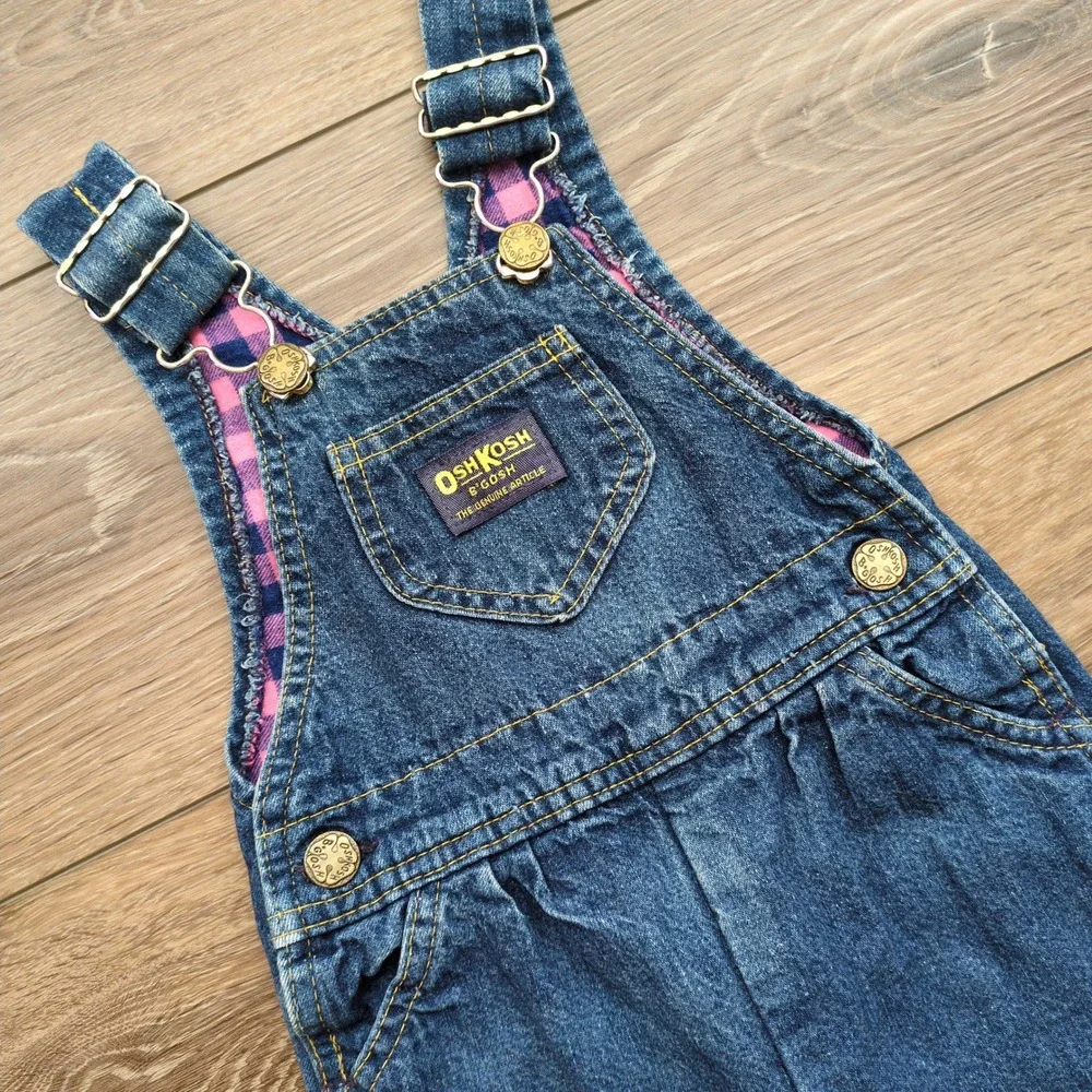 Vtg OshKosh Bgosh Flannel Lined Denim Overalls Blue Pink Plaid Vestbak 18M